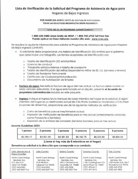 First page of the Water Bill Assistance Application (Spanish)