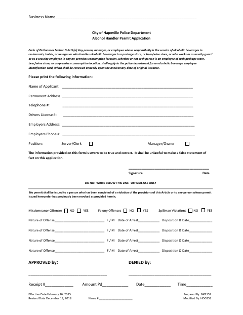 First page of the Alcohol Handler Permit Application