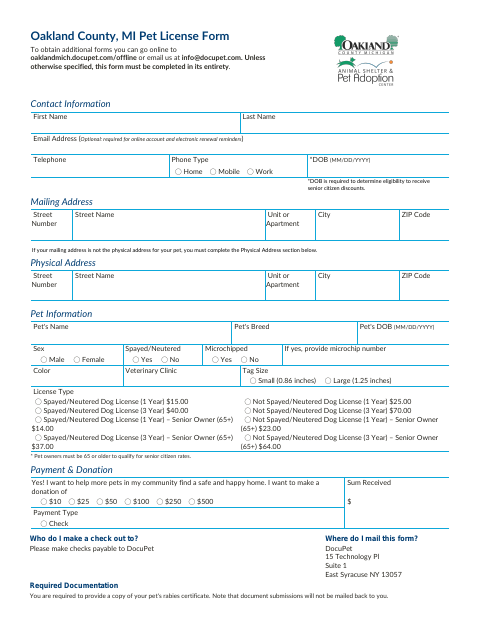 First page of the Pet License Form
