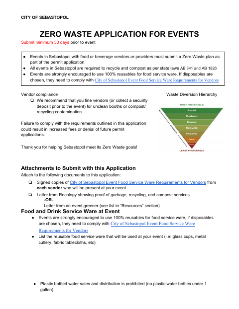 First page of the Zero Waste Application For Events