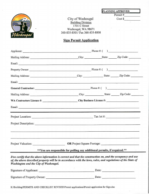 First page of the Sign Permit Application