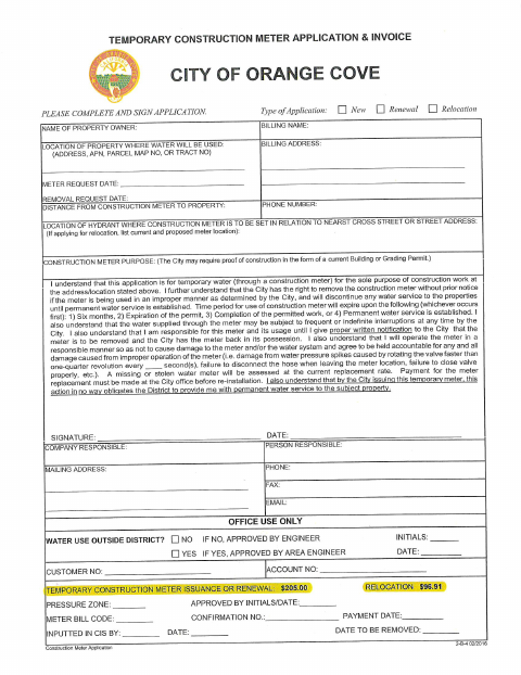First page of the Temporary Construction Meter Application & Invoice