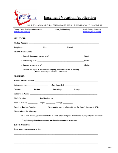 First page of the Easement Vacation Application
