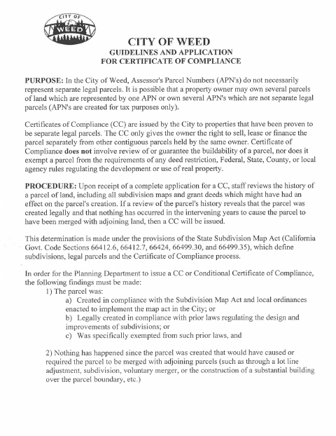 First page of the Certificate of Compliance Application