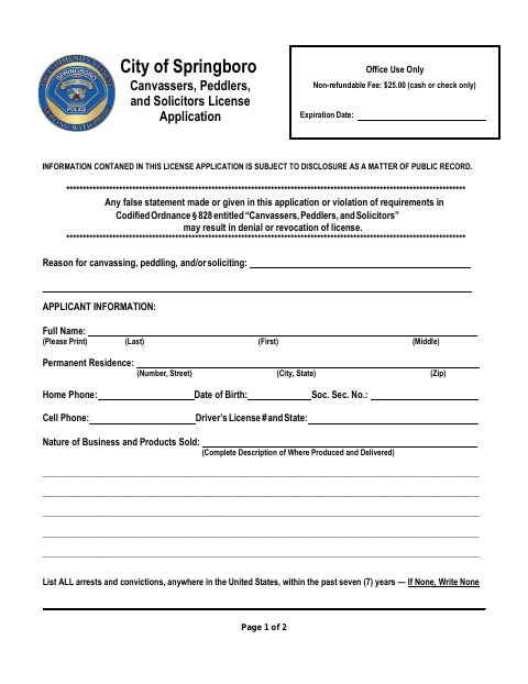 First page of the Canvassers, Peddlers, and Solicitors License Application