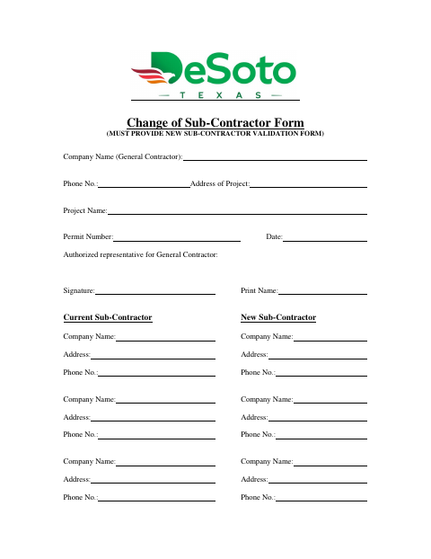 First page of the Change of Sub-Contractor Form