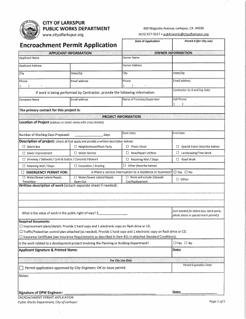 First page of the Encroachment Permit Application and Standard Conditions