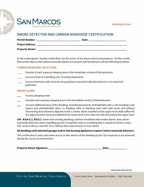 First page of the Smoke Detector And Carbon Monoxide Certification
