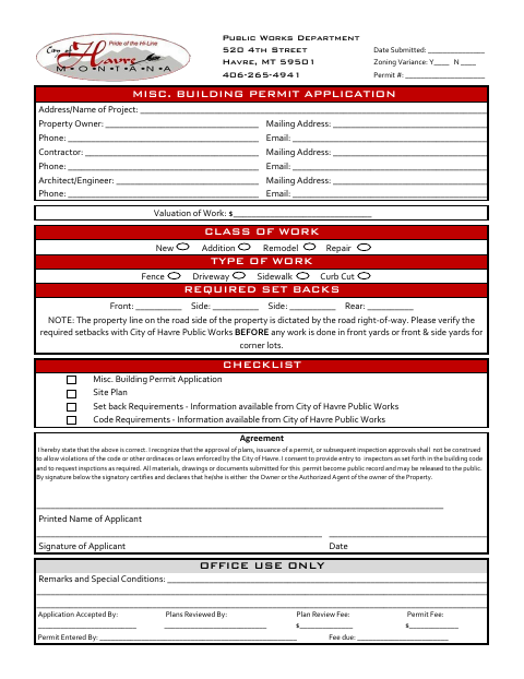 First page of the Miscellaneous Building Permit Application