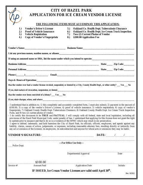 First page of the Ice Cream Vendor License Application