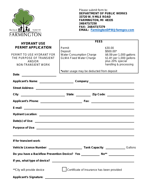 First page of the Hydrant Use Permit Application