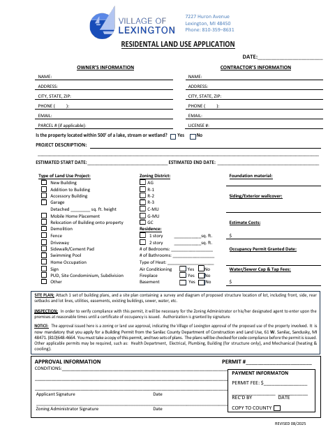 First page of the Residential Land Use Application