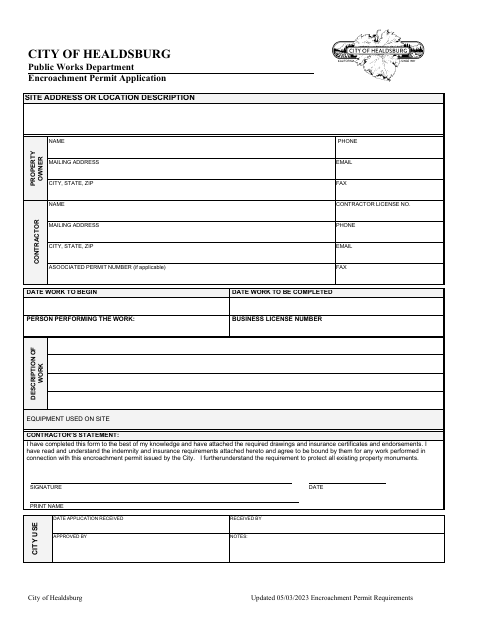 First page of the Encroachment Permit Application Package