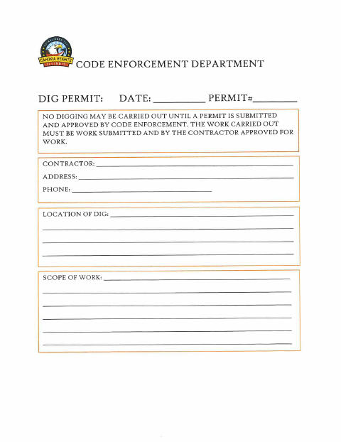 First page of the Code Enforcement Dig Permit