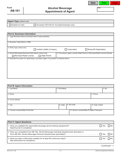 First page of the Alcohol Beverage Appointment of Agent