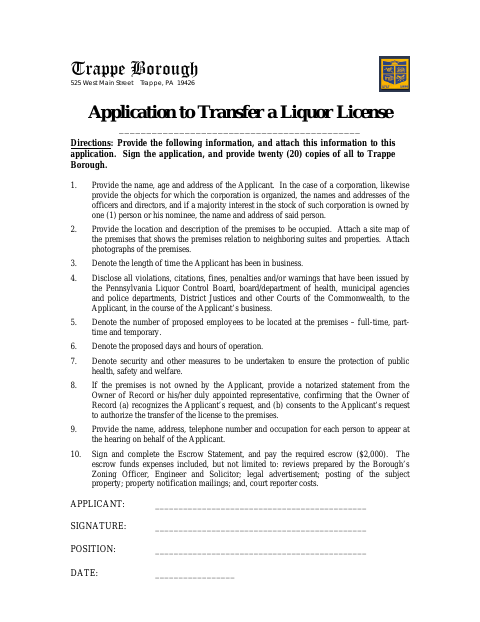 First page of the Application to Transfer a Liquor License