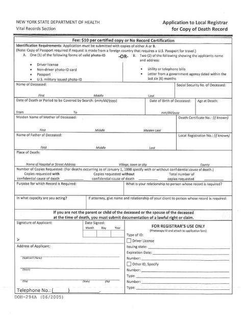 First page of the Application for Copy of Death Record