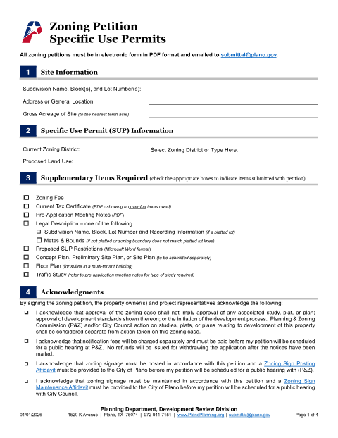 First page of the Specific Use Permit Zoning Petition