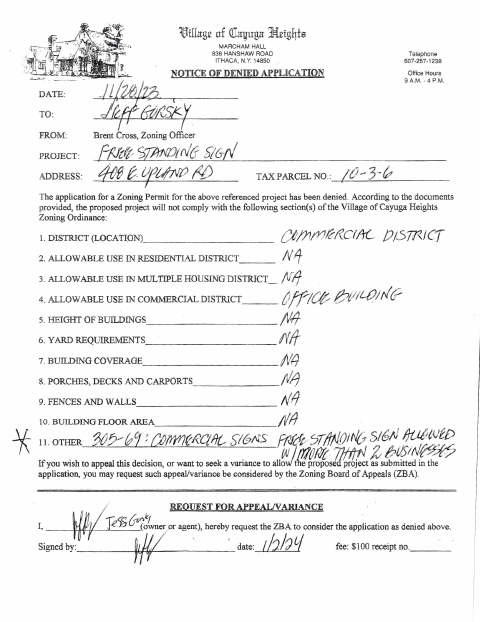 First page of the Notice of Denied Application and Zoning Board of Appeals Application