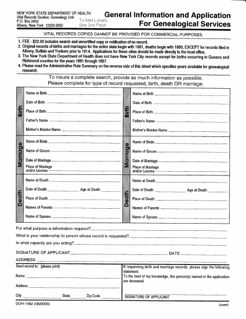 First page of the Genealogical Request Form