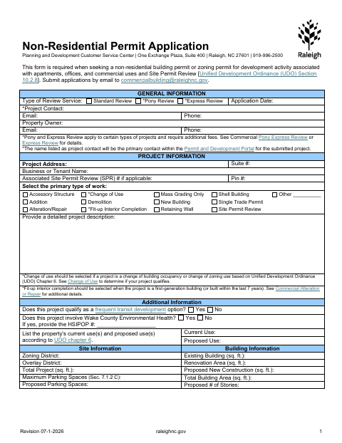 First page of the Non-Residential Permit Application