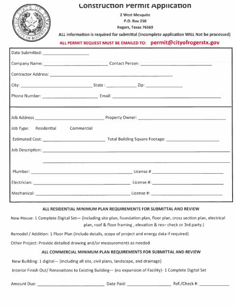 First page of the Construction/Building Permit Application