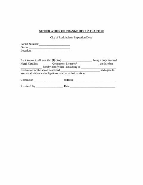 First page of the Notification of Change of Contractor