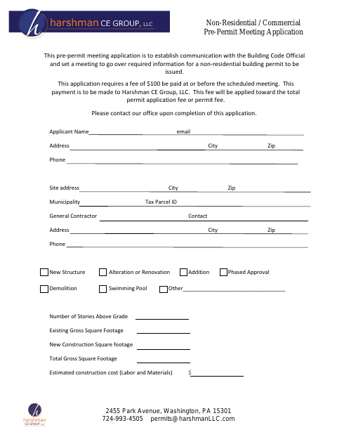 First page of the Non-Residential/Commercial Pre-Permit Meeting Application