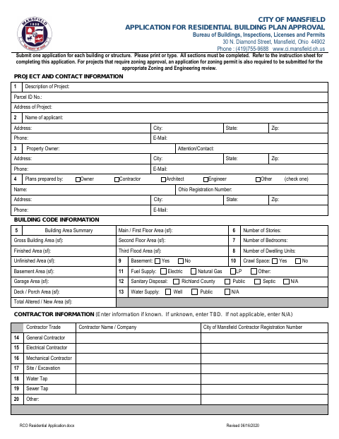 First page of the Application for Residential Building Plan Approval