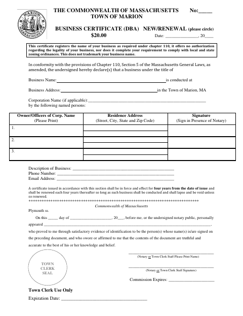 First page of the Business Certificate (DBA) New or Renewal