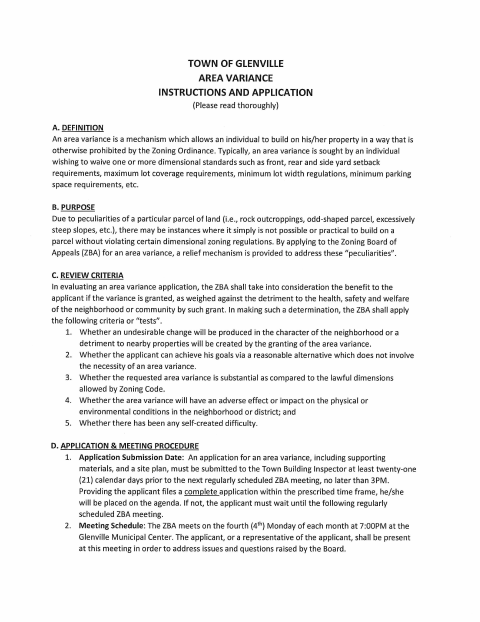 First page of the Area Variance Application