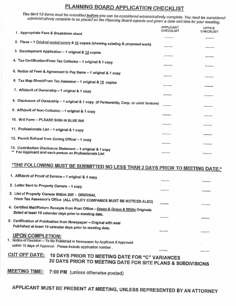 First page of the Planning Board Application Checklist and Development Application