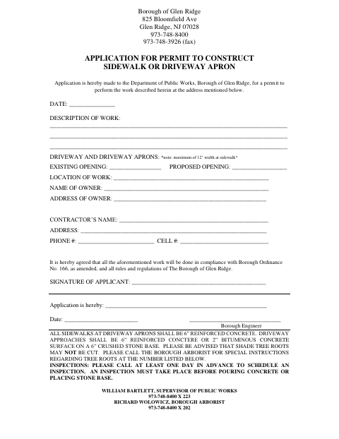 First page of the Application for Permit to Construct Sidewalk or Driveway Apron