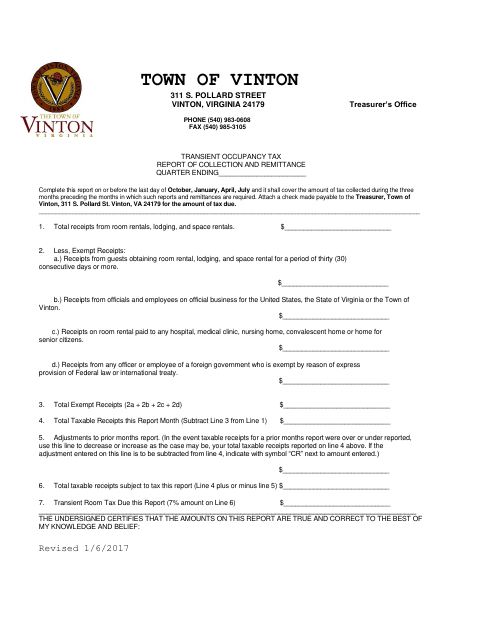 First page of the Transient Occupancy Tax Report of Collection and Remittance