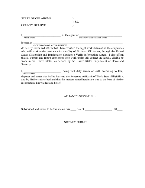 First page of the Affidavit of Work Status Eligibility