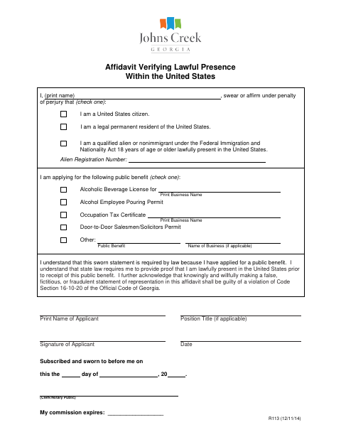 First page of the Affidavit Verifying Lawful Presence
