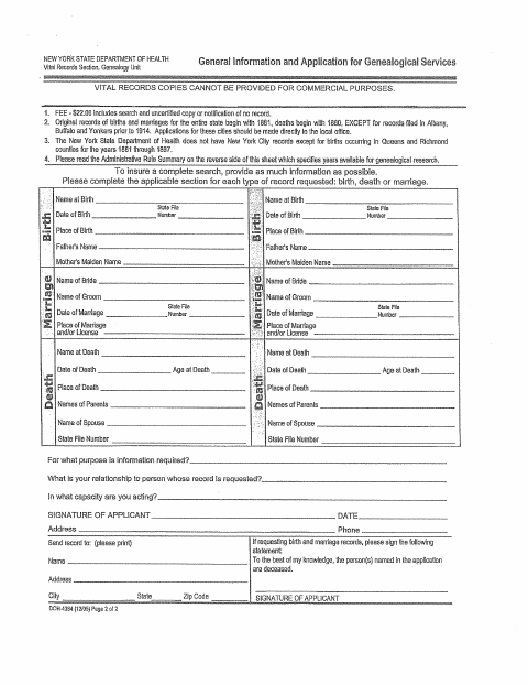 First page of the General Information and Application for Genealogical Services