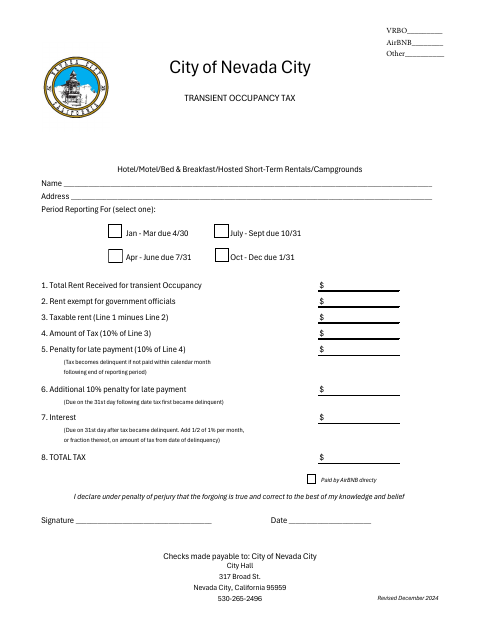 First page of the Transient Occupancy Tax