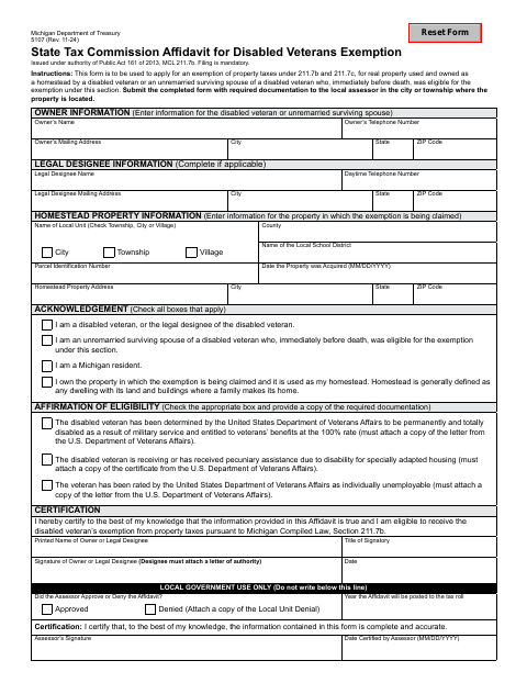 First page of the Affidavit for Disabled Veterans Exemption