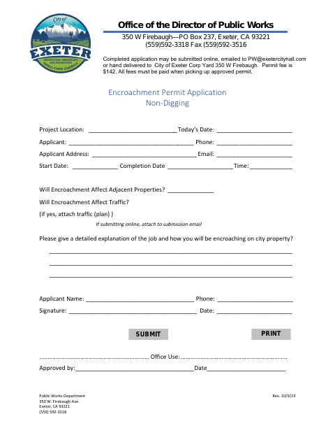 First page of the Encroachment Permit Application Non-Digging