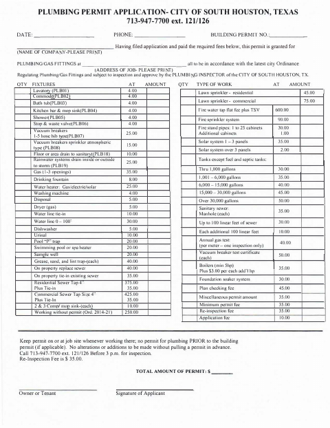 First page of the Plumbing Permit Application