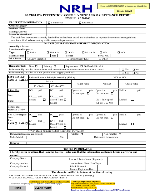 First page of the Backflow Prevention Assembly Test and Maintenance Report