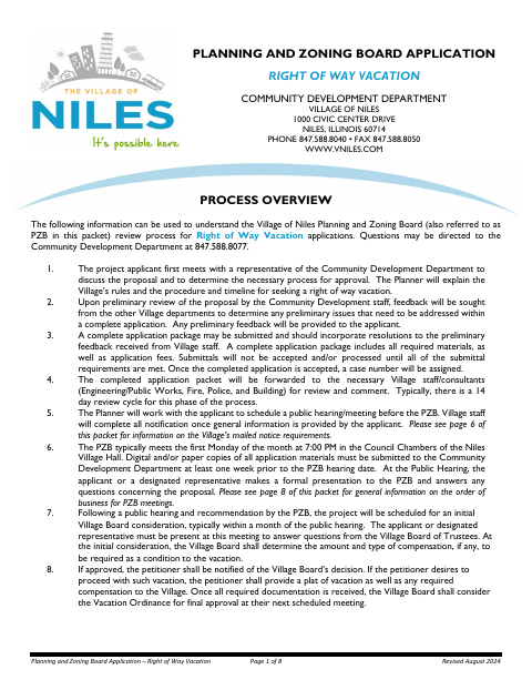 First page of the Planning and Zoning Board Application – Right of Way Vacation