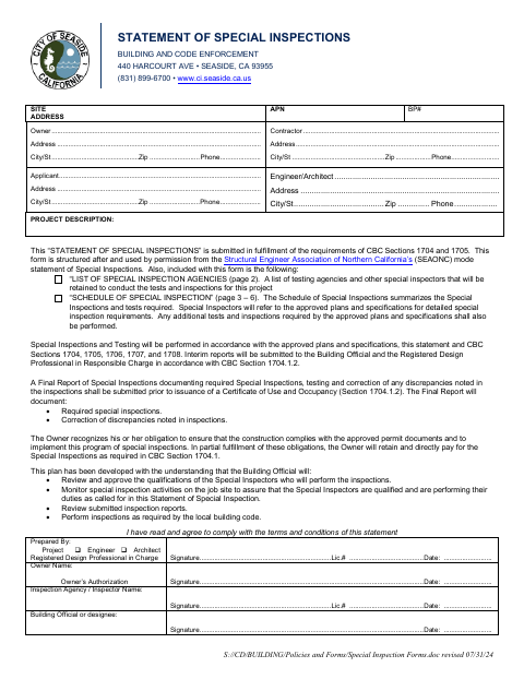 First page of the Special Inspection Form