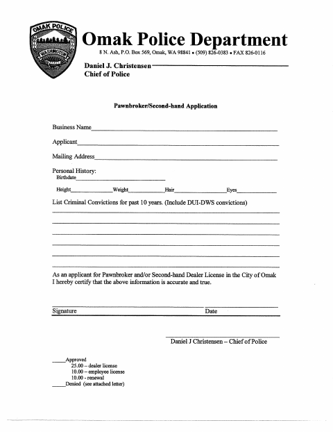 First page of the Pawnbroker/Second-Hand Application