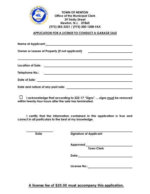 First page of the Application for a License to Conduct a Garage Sale