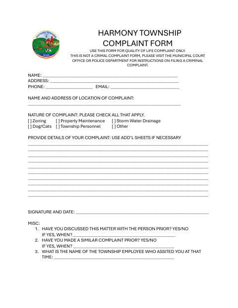First page of the Complaint Form