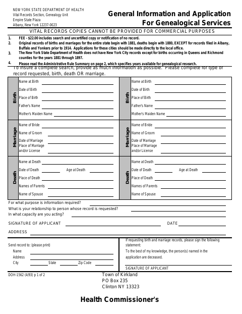 First page of the Genealogical Research Application