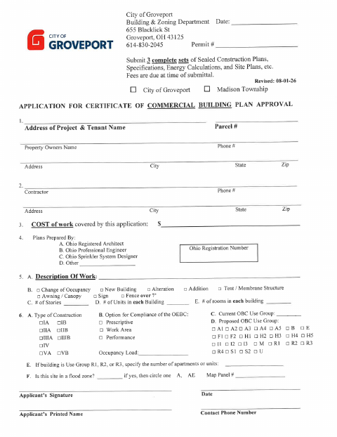 First page of the Commercial Building Permit Application