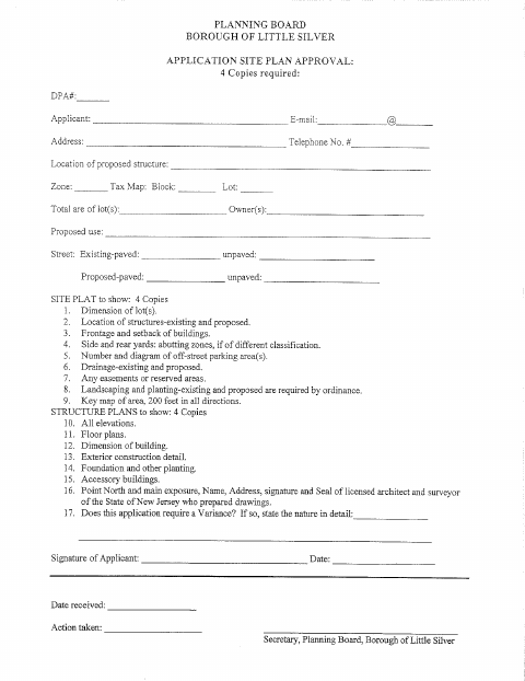 First page of the Site Plan and Development Application